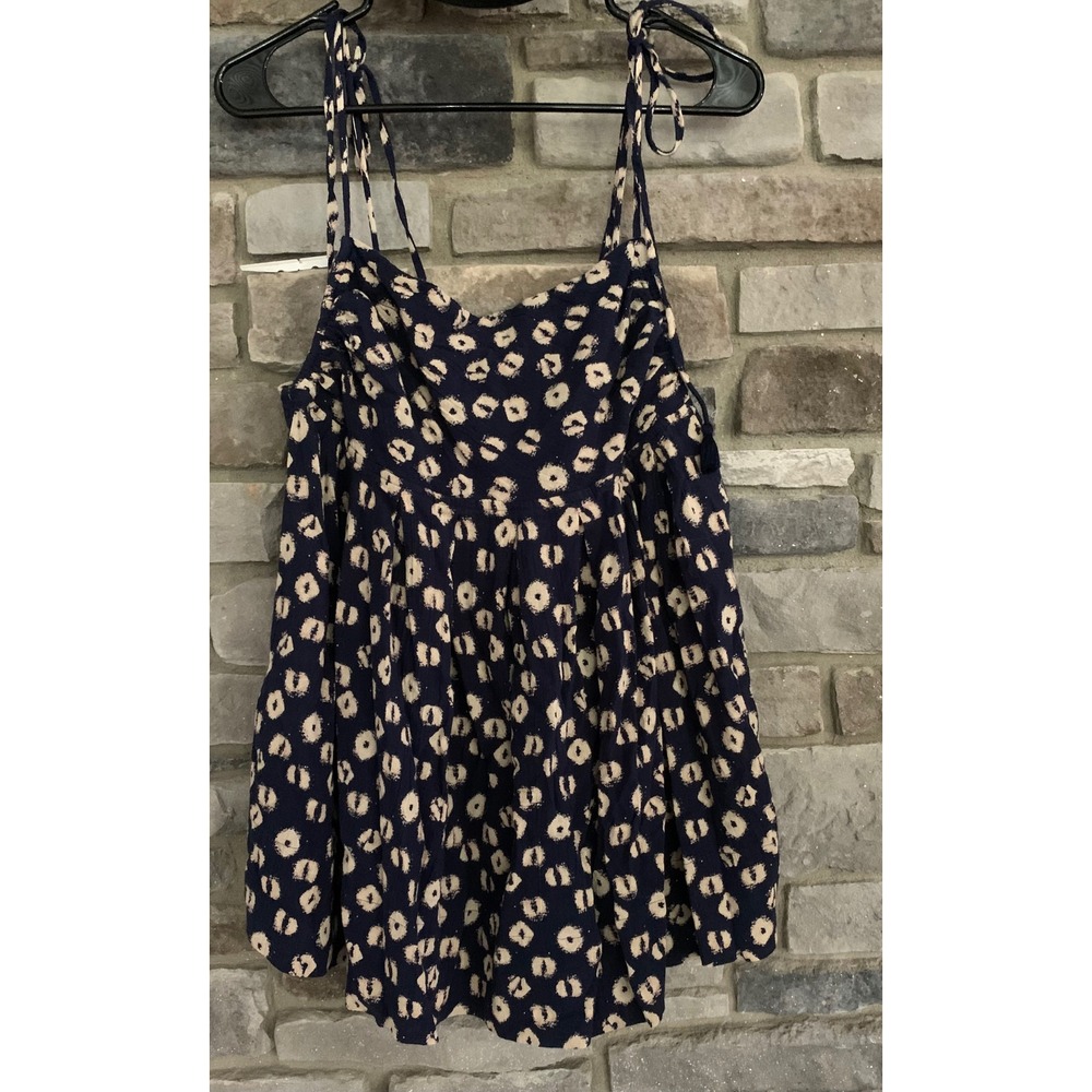 Free People Navy Polka Dot Tie Strap Babydoll Tank Top Large Boho Cottagecore L